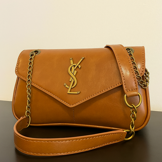 YSL-Inspired Shoulder Bag – Elegant Caramel Brown Leather