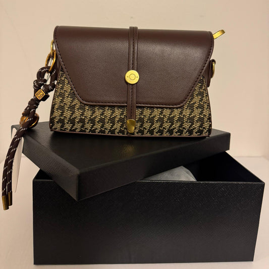 Brown Leather Crossbody Bag – Houndstooth Pattern