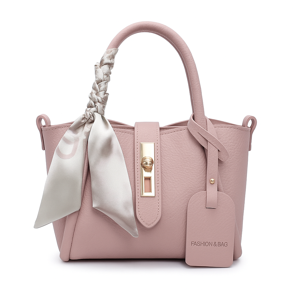 Pink Elegance Handbag – Gold Accents & Satin Scarf