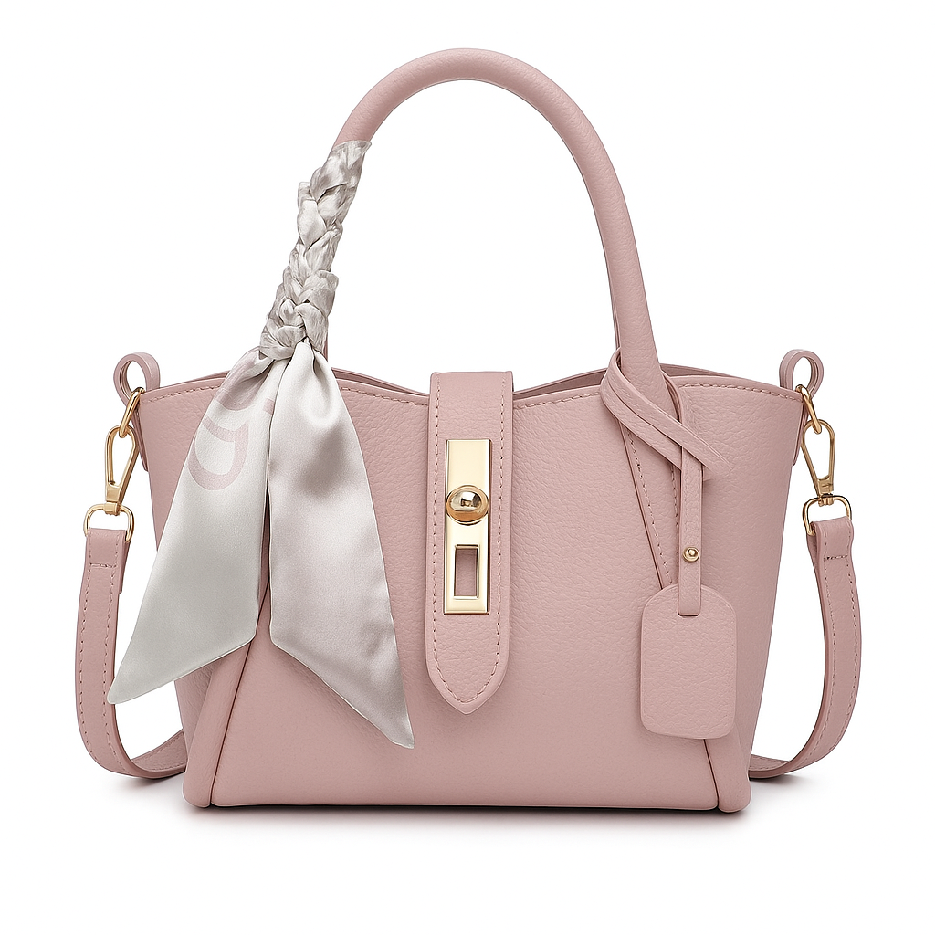 Pink Elegance Handbag – Gold Accents & Satin Scarf
