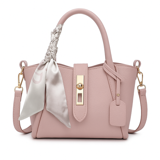 Pink Elegance Handbag – Gold Accents & Satin Scarf