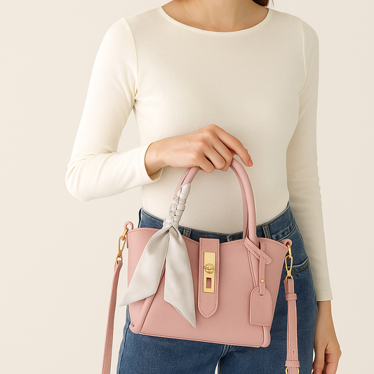 Pink Elegance Handbag – Gold Accents & Satin Scarf