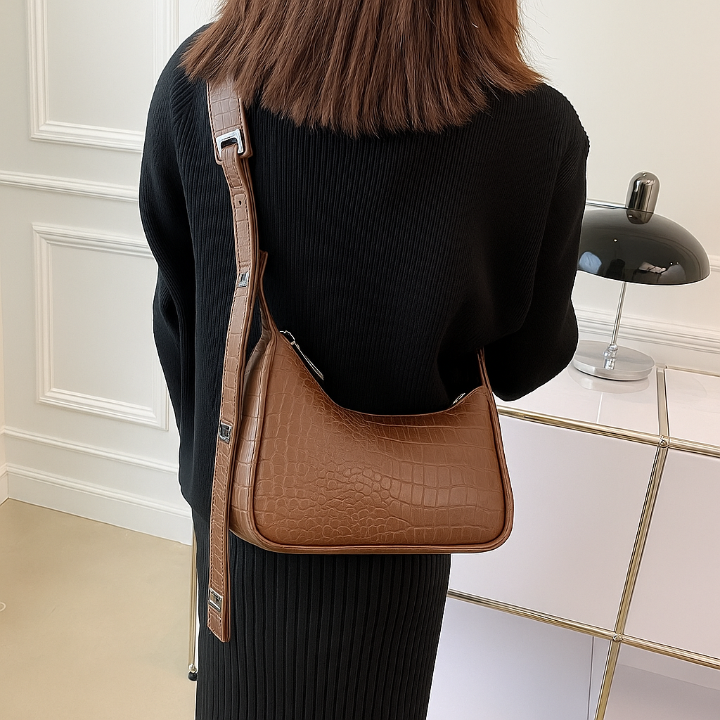 Croc-Embossed Shoulder Bag – Wide Strap Elegance