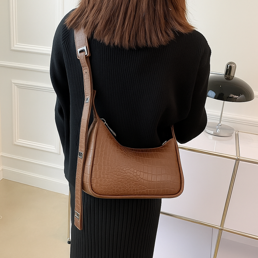 Croc-Embossed Shoulder Bag – Wide Strap Elegance