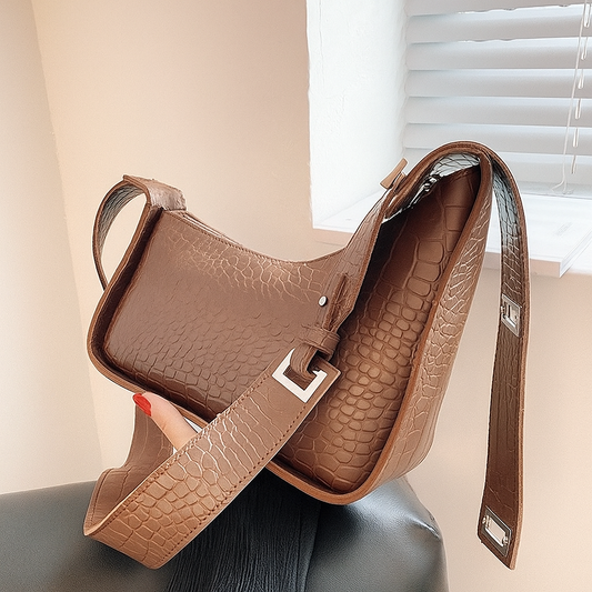 Croc-Embossed Shoulder Bag – Wide Strap Elegance